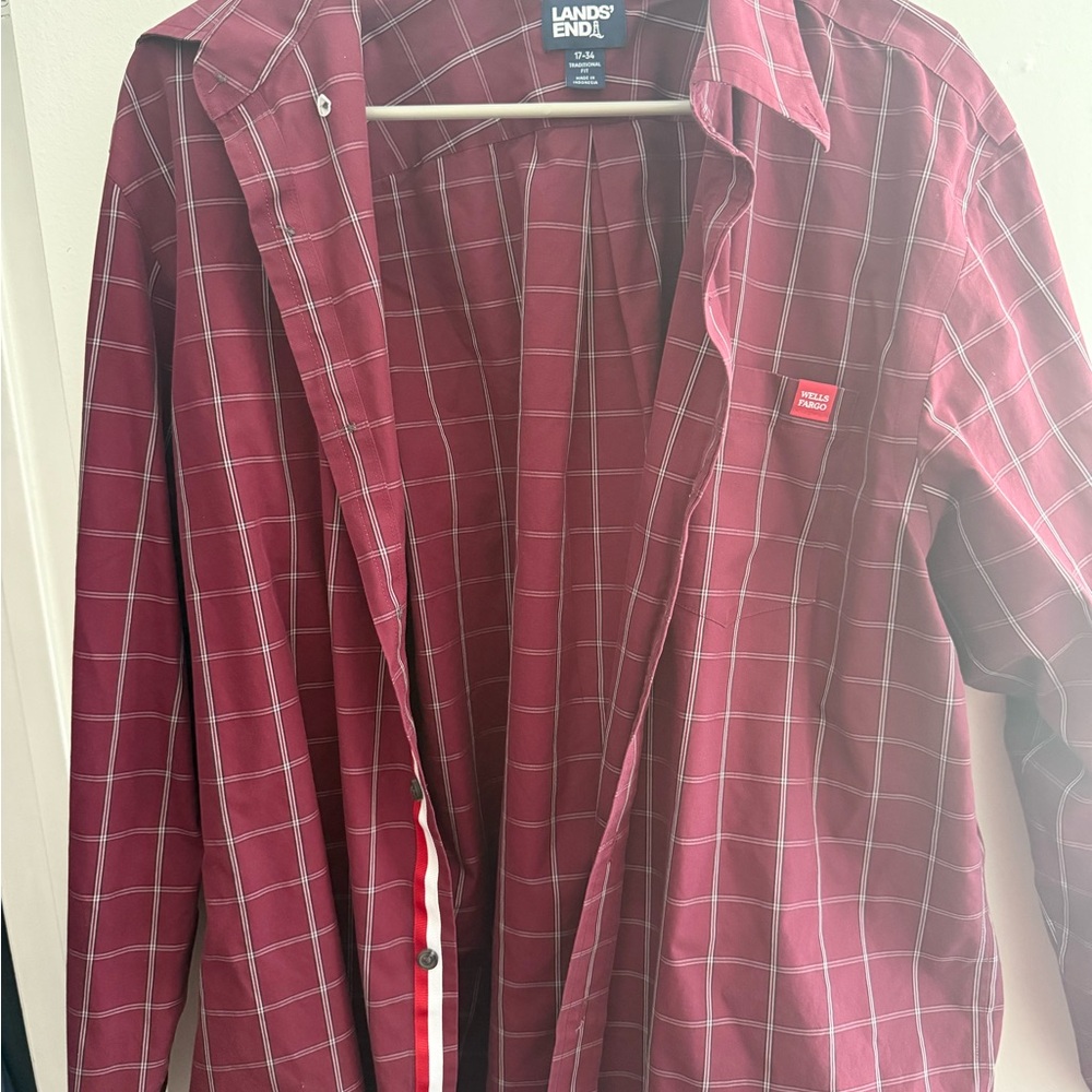 Wells Fargo Lands' End Burgundy Checkered Shirt